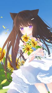 Preview wallpaper girl, neko, sunflowers, field, anime, art