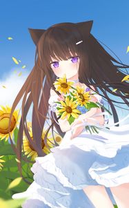 Preview wallpaper girl, neko, sunflowers, field, anime, art