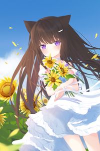 Preview wallpaper girl, neko, sunflowers, field, anime, art