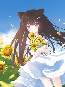 Preview wallpaper girl, neko, sunflowers, field, anime, art