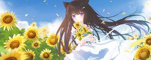 Preview wallpaper girl, neko, sunflowers, field, anime, art