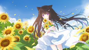 Preview wallpaper girl, neko, sunflowers, field, anime, art