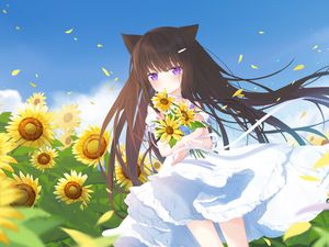 Preview wallpaper girl, neko, sunflowers, field, anime, art