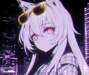 Preview wallpaper girl, neko, sunglasses, art, anime, purple