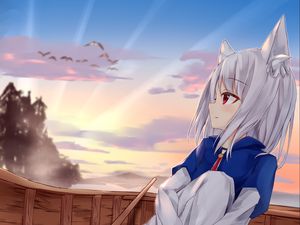 Preview wallpaper girl, neko, tail, boat, anime