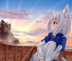 Preview wallpaper girl, neko, tail, boat, anime