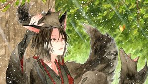 Preview wallpaper girl, neko, tail, kimono, watercolor, snow, anime