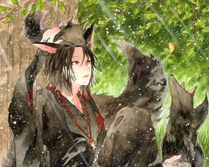 Preview wallpaper girl, neko, tail, kimono, watercolor, snow, anime