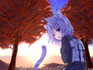 Preview wallpaper girl, neko, tail, backpack, anime