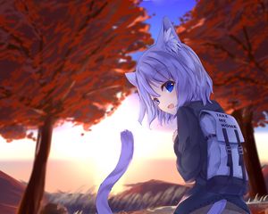 Preview wallpaper girl, neko, tail, backpack, anime