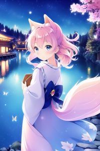 Preview wallpaper girl, neko, tail, kimono, anime