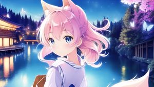 Preview wallpaper girl, neko, tail, kimono, anime