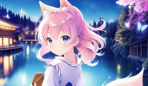 Preview wallpaper girl, neko, tail, kimono, anime