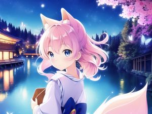 Preview wallpaper girl, neko, tail, kimono, anime