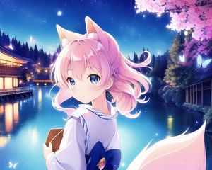 Preview wallpaper girl, neko, tail, kimono, anime