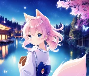 Preview wallpaper girl, neko, tail, kimono, anime