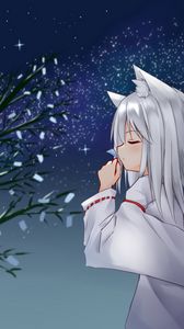 Preview wallpaper girl, neko, tree, petals, snow, anime