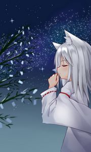 Preview wallpaper girl, neko, tree, petals, snow, anime