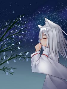 Preview wallpaper girl, neko, tree, petals, snow, anime