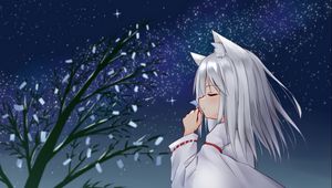 Preview wallpaper girl, neko, tree, petals, snow, anime