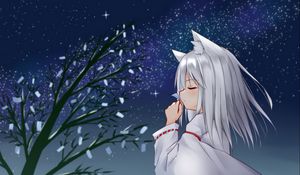 Preview wallpaper girl, neko, tree, petals, snow, anime