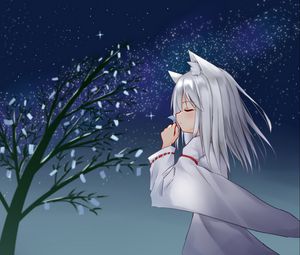 Preview wallpaper girl, neko, tree, petals, snow, anime