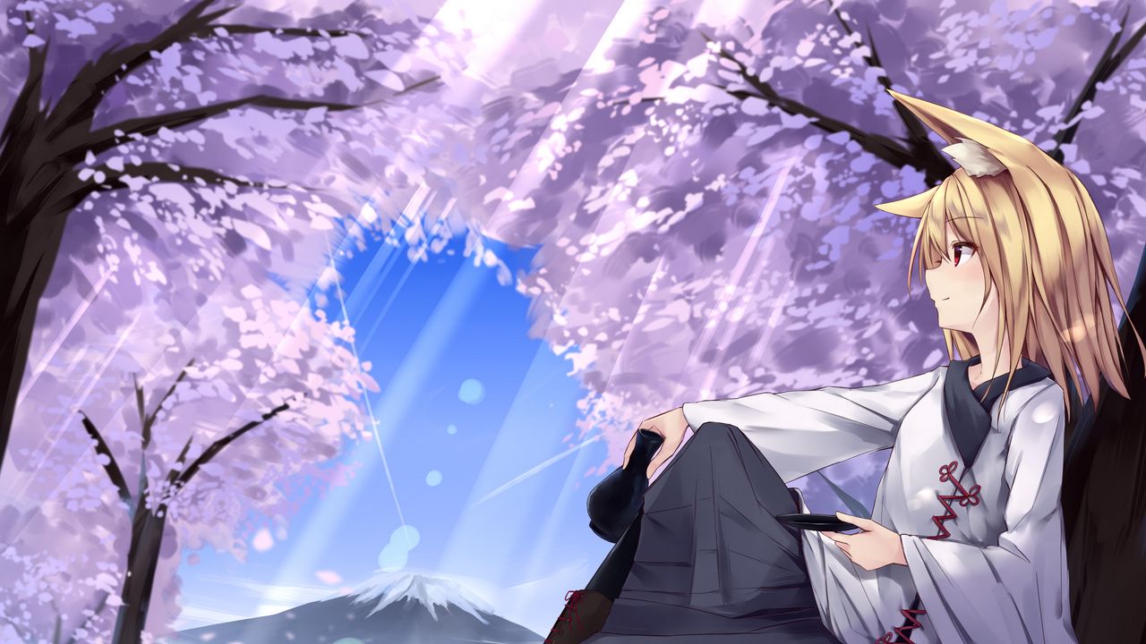Wallpaper girl, neko, trees, anime