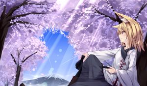 Preview wallpaper girl, neko, trees, anime