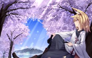 Preview wallpaper girl, neko, trees, anime