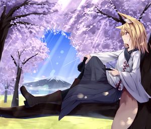 Preview wallpaper girl, neko, trees, anime