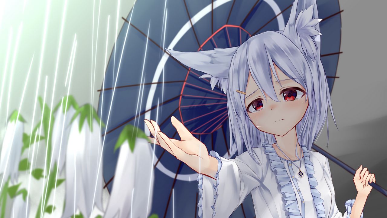 Wallpaper girl, neko, umbrella, rain, anime