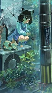 Preview wallpaper girl, neko, umbrella, cat, rain, anime