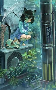 Preview wallpaper girl, neko, umbrella, cat, rain, anime