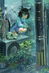 Preview wallpaper girl, neko, umbrella, cat, rain, anime