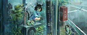 Preview wallpaper girl, neko, umbrella, cat, rain, anime