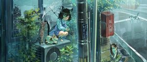 Preview wallpaper girl, neko, umbrella, cat, rain, anime