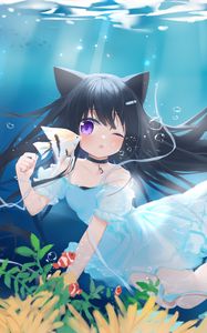 Preview wallpaper girl, neko, underwater world, fish, sea, anime