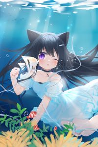 Preview wallpaper girl, neko, underwater world, fish, sea, anime