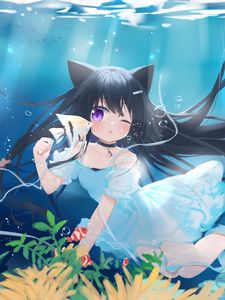 Preview wallpaper girl, neko, underwater world, fish, sea, anime