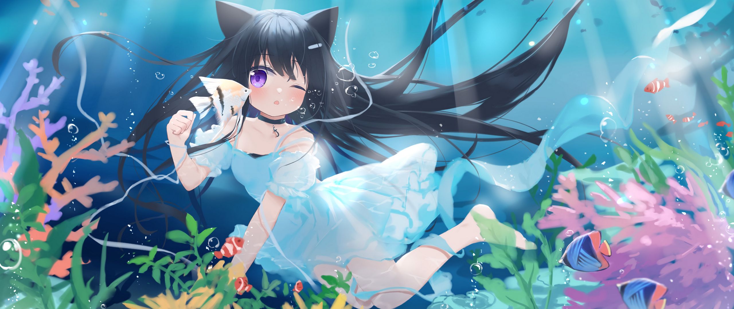 Download wallpaper 2560x1080 girl, neko, underwater world, fish, sea