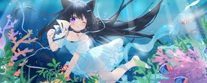 Preview wallpaper girl, neko, underwater world, fish, sea, anime