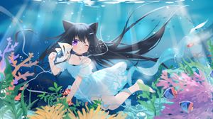 Preview wallpaper girl, neko, underwater world, fish, sea, anime