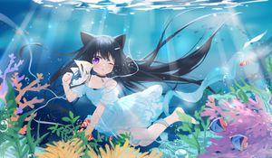 Preview wallpaper girl, neko, underwater world, fish, sea, anime