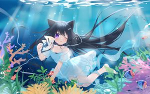 Preview wallpaper girl, neko, underwater world, fish, sea, anime