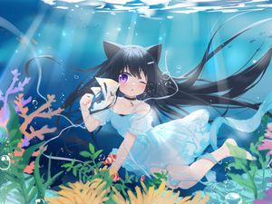 Preview wallpaper girl, neko, underwater world, fish, sea, anime