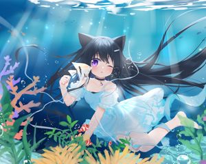 Preview wallpaper girl, neko, underwater world, fish, sea, anime