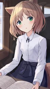 Preview wallpaper girl, neko, window, trees, anime
