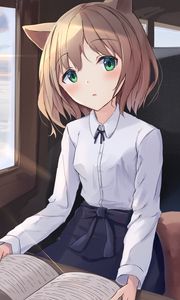 Preview wallpaper girl, neko, window, trees, anime