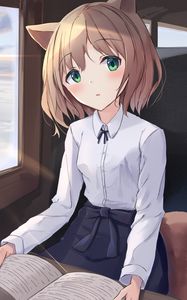 Preview wallpaper girl, neko, window, trees, anime
