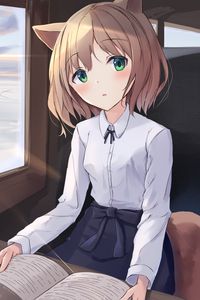 Preview wallpaper girl, neko, window, trees, anime
